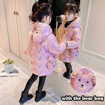 3-10 Year Girls Coat Long Down Jackets For Girls Winter Thick Warm Parkas Snowsuit Cute Bear Hooded Children's Outerwear