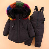 '-30 Degree winter girls Parkas Down Jackets Coats baby girl boys clothes kids real Fur snow we ski suit children clothing Sets