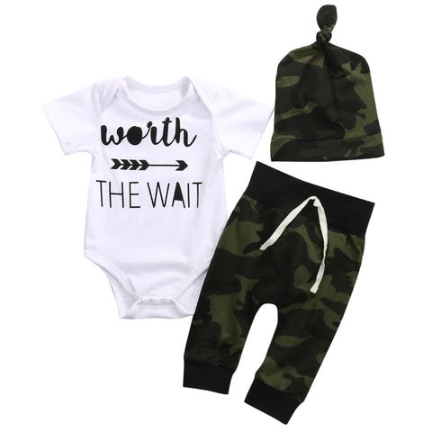 3PCS Set Newborn Baby Clothes Camouflage Kids Suit Wait The Wait Baby Romper Jumpsuit+Pant+Hat Outfit Bebek Giyim Child Clothing