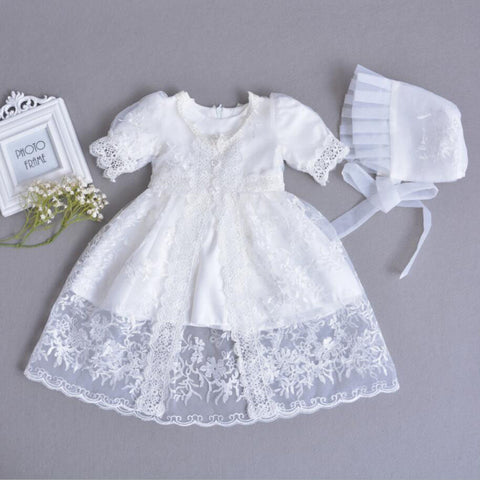 3PCs per Set Baby Girl Baptism Dress White Infant Girl Christening Gown Lace Embroidered Cape Hat 0-24Months