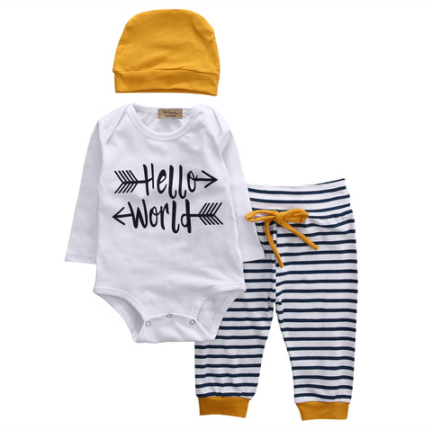 3Pcs Summer bulk Infant Baby Boy Romper Tops LONG sleeve hello world T-shirt+Pants +Beanie + Hats Outfit Set Clothes 3-18M