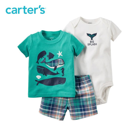 3pcs super cool whale prints tee bodysuit plaid shorts clothing sets baby boy soft cotton spring summer 121H349