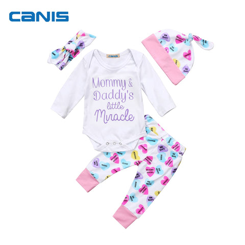4PCS Cotton Letter Cute Newborn Kids Baby Girl Tops Romper Pants Hat Home Outfits Fashion New In Design Set Clothes 0-24M