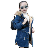 6-12Y Girls Winter Jacket Denim European Girls Jeans Jacket Hole Hooded Children Trench Coat Cashmere Fur Collar fur Coat
