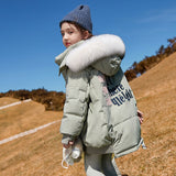 8 10 years Girls Quality Winter Down Jackets Embroidery Letter Big Real Fur Collar Hoodie Coat Teen Girls Winter Clothes