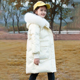 8 10 years Girls Winter Down Jackets White Fur Collar Glossy Long Parkas for Teen Girls   New