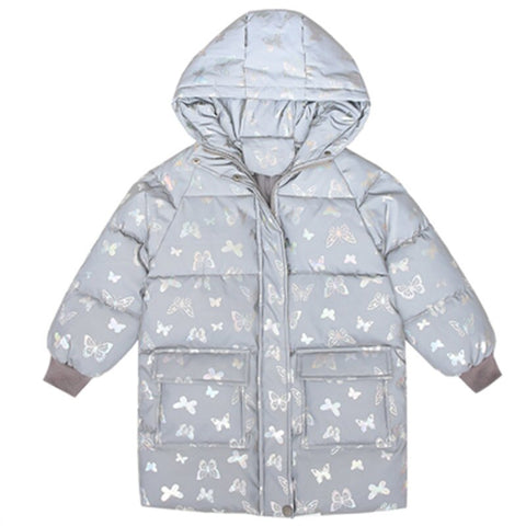 Abrigo de invierno con chaqueta acolchada para niñas, Parka con estampado de mariposa reflectante a la moda, prendas de vestir cálidas de algodón, 4-13 años,