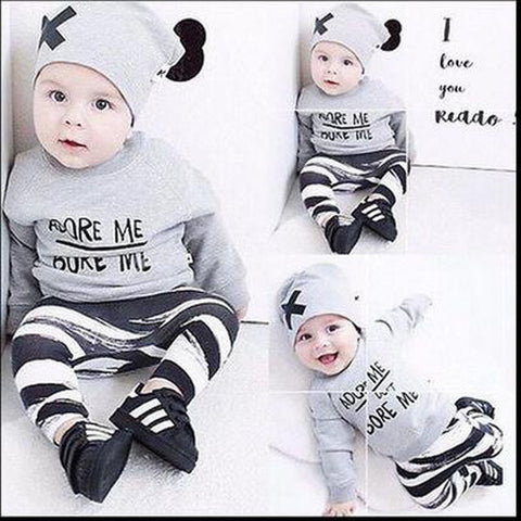 Autumn New Fashion Infant Baby Long Sleeve Print Suit Zebra Striped Pants+Gray Top Autumn Winter Clothing+X Design Hat
