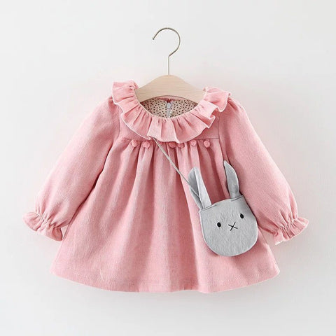 Autumn Spring Baby Girl Dress Long Sleeve causal Style Toddler Dresses With Cartoon Bag Newborn Baby Clothes Set Birthday Dress