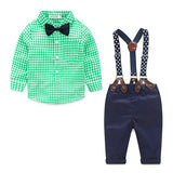 Baby Boy Clothes 2016 Spring New Brand Gentleman Plaid Clothing Suit For Newborn Baby Bow Tie Shirt + Suspender Trousers