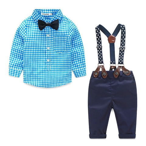 Baby Boy Clothes 2016 Spring New Brand Gentleman Plaid Clothing Suit For Newborn Baby Bow Tie Shirt + Suspender Trousers
