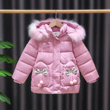 Baby Girls Clothing Parkas Winter Cotton padded Fur Hooded Trench Coats Warm Jackets Bow Knot Toddler Outerwear 2-7 Years Kids