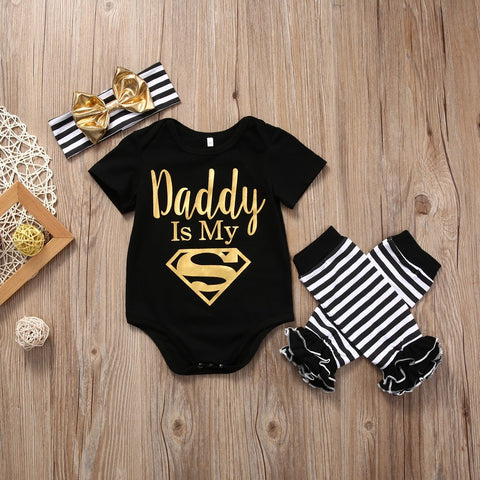 Baby Girls Clothing Sets Newborn Infant Baby Girls Clothes Letter Romper+ Striped Leg Warmer Headband Outfit Set 3pcs