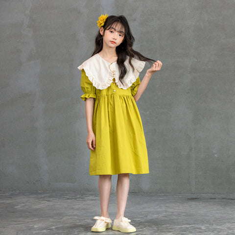 Baby Shirt Dress Cotton 2023 Summer Girls Ruffles Neck Cute Kids Clothes Teen Dress,#6231