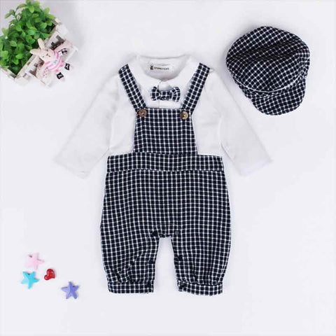 Baby's Set Baby Boy Bodysuit Plaid Overall Design Long Sleeve Fall Boy Clothes 2pcs Boy Clothing Outfit with Hat
