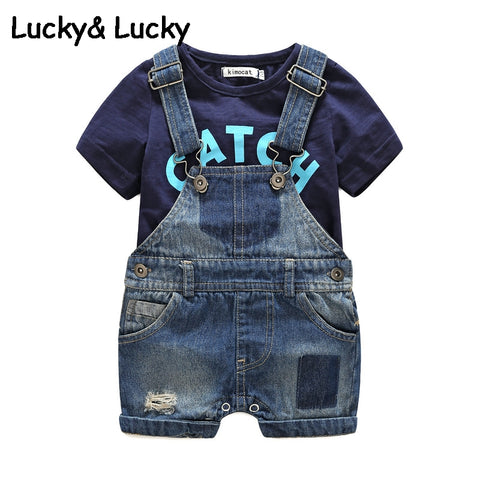 Bebes  born clothes cotton letter printed t-shirt with demin overalls baby boys clothes summer children clothing