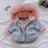Boutique   Winter Baby Girl Denim Jacket Plus Velvet Real Fur Warm Toddler Girl Outerwear Coat 4 Years Kids Infant Girl Parka