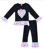 Boutique Remake Kids Clothing Sets Chevron Shirts With Love Heart Shaped Red Ruffle Pants Baby Girls Outfits For Valentine V005