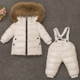 Boys Girl Winter Clothes Children Clothing Set Ski Suit Kids Jumpsuit Warm Coats Duck Down Genuine Fur Hooded Jacket Bib Pants