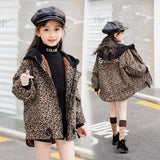 Boys & Girls Leopard Denim Jacket Children's Velvet Hooded Coat Teenager Kids Casual Windbreaker Outerwear Clothes B249
