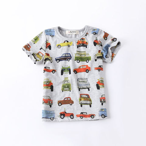 Boys T-shirt Cars Printed 2017 Summer Short Sleeve Tees Children Clothing Bottoming Kids Shirt For Age 2-10, Grey/Yellow/White