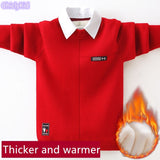 Boys Winter Fake Two-piece Sweaters Kids Spring Thick Warm Label Pullovers Teen Plush Knitted Top Child Autumn Jumper Knitwear