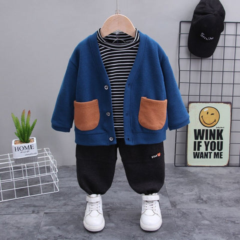 Boys spring and autumn suits baby spring clothes 0-5 years old children&#39;s 3-piece suit Sweater cardigan +Striped T-shirt + pants