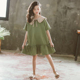 Brand 2023 Summer Military Green Peter Pan Collar Bow Kids Dress for Girls Baby Toddler Cotton Dress Casual Ruffles,#5289