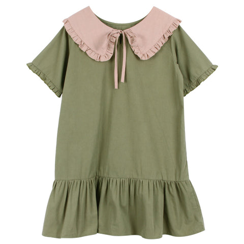 Brand 2023 Summer Military Green Peter Pan Collar Bow Kids Dress for Girls Baby Toddler Cotton Dress Casual Ruffles,#5289