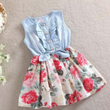 Baby Girls Dress Floral Denim Patchwork Dress Princess Cute Mini Summer Dresses Girls Small Kids Clothing Vestidos