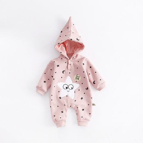 Cartoon Stars Printed Design Hooded Baby Rompers Newborn Clothing Cotton Long Sleeve Jumpsuits Boys Girls Outerwear Costume Gift