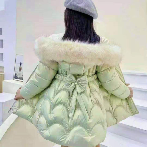 Chaqueta gruesa de invierno para niñas, abrigo de algodón a la moda, con cuello de piel grande, cálido y resistente al viento,