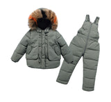 Children&#39;s Down Jacket Set Thickened   Boy Girls Wear Winter Wool Collar Coat Baby Soft Down Strap Pants One Set Shipping