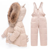 Children Down Clothing Suit Cute Cartoon Hooded Coat for Girls Boys Winter Jumpsuit Kids Pants Warm Snowsuit with Big Fur Collar
