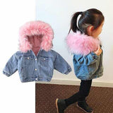 Children Down Coat Winter Plus Velvet Jean Parkas Big Fur Hooded Thickening Korean Girl Denim Snowcoats Children's Outwear