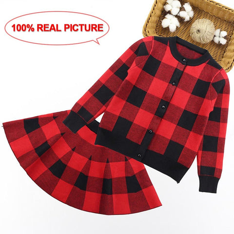 Children Sweater Clothing Set Autumn Winter Girls Clothes Kids Knitted Plaid Co + Skirt Suits For Girls 9 6 7 10 11 12 Years