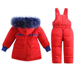 Children Winter Clothing Set boy girl Duck Down Fur Hoodied Jacket +Overall Ski Suit kids toddler 2pcs clothes suit outfit TZ144
