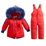 Children Winter Clothing Set boy girl Duck Down Fur Hoodied Jacket +Overall Ski Suit kids toddler 2pcs clothes suit outfit TZ144