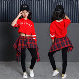 Children's Sports Suits Cotton Clothing Korean Hip Hop Streetwear Teenage Girls Hoodies Sweatshirt + Plaid Skirt-pants