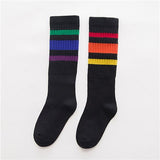 Children's knee socks rainbow colored pattern striped boys kids scho knee high sock cotton white black long leg warmers 1-10T