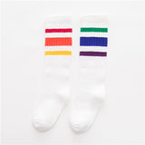 Children's knee socks rainbow colored pattern striped scho football knee high sock cotton white black long leg warmers 1-10T