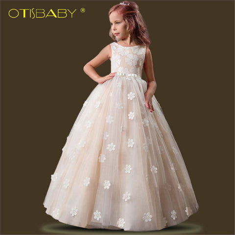 Christmas Flower Girl Ceremony Dresses Children Champagne Princess Dress for Party Wedding Girls First Communion Floral Dresses
