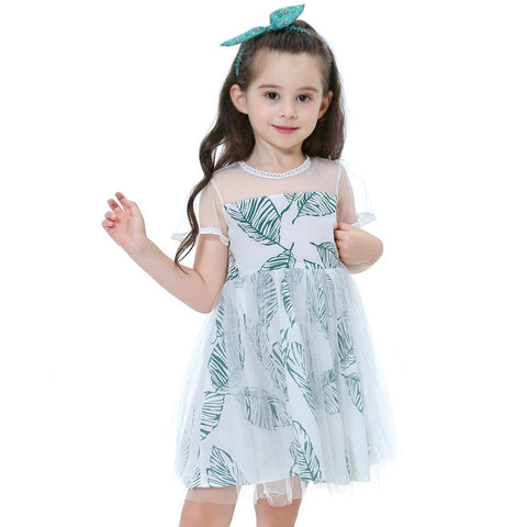Leaf Print Girls Dress Fashion White Kids Summer Clothing Short Sleeve Cute Design Baby girl Frocks Toddler Dresses