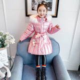 Colorful Bright Girls Jacket Coat Hooded Cotton Clothes For Kids Winter   Children's Solid Belt Windbreaker 4-13Yrs