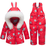 Conjunto de ropa para nieve para niños y niñas, pantalones con relleno de plumas, chaqueta, abrigo, poni, Orejas de conejo, Rusia, invierno-30, 80%