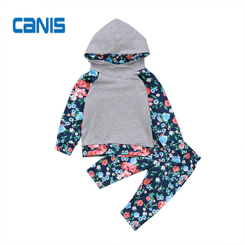 Cotton Cute Fashion New In Design Toddler Newborn Baby Girls Floral Hooded Hoodies Tops + Long Pants Outfits Set Clothes