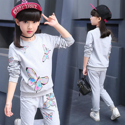 Cotton Girls Sport Suits 2018 New Long Sleeve Butterfly Children Clothing Set 3 4 5 6 7 8 9 10 11 12 Ye Kids Clothes Tracksuit