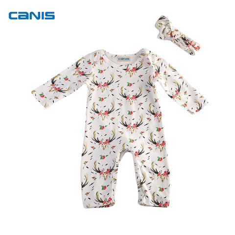Cotton Newborn Infant Baby Girl Deer & Floral Long Sleeve Romper Clothes Outfits Cute Design Fashion Set