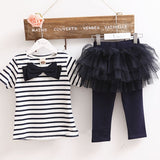 Cute Baby Kid Girl Stripe Bowknot Top T-shirt + Tulle Pant Culottes Outfit Sets 2 PCS