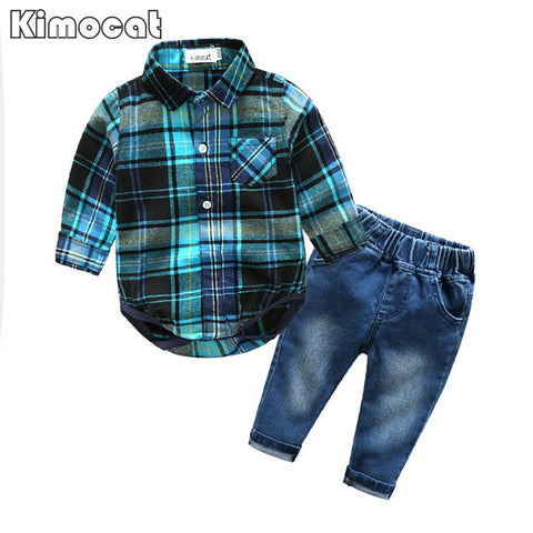 Cute Infant Baby Boy Clothes Blue Plaid jumpsuit+ Jeans Baby Long Sleeve Baby boy Clothing Set
